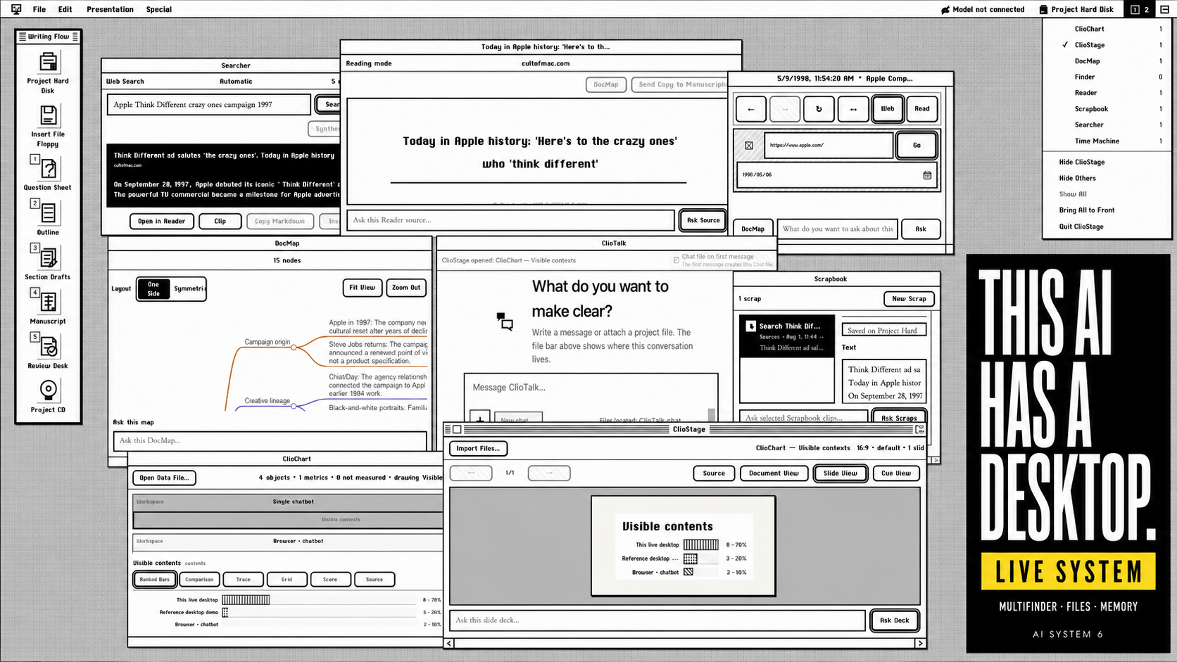 The AI System 6 desktop: Searcher, Reader, DocMap, ClioTalk, ClioChart, ClioStage, and Scrapbook windows open under MultiFinder.