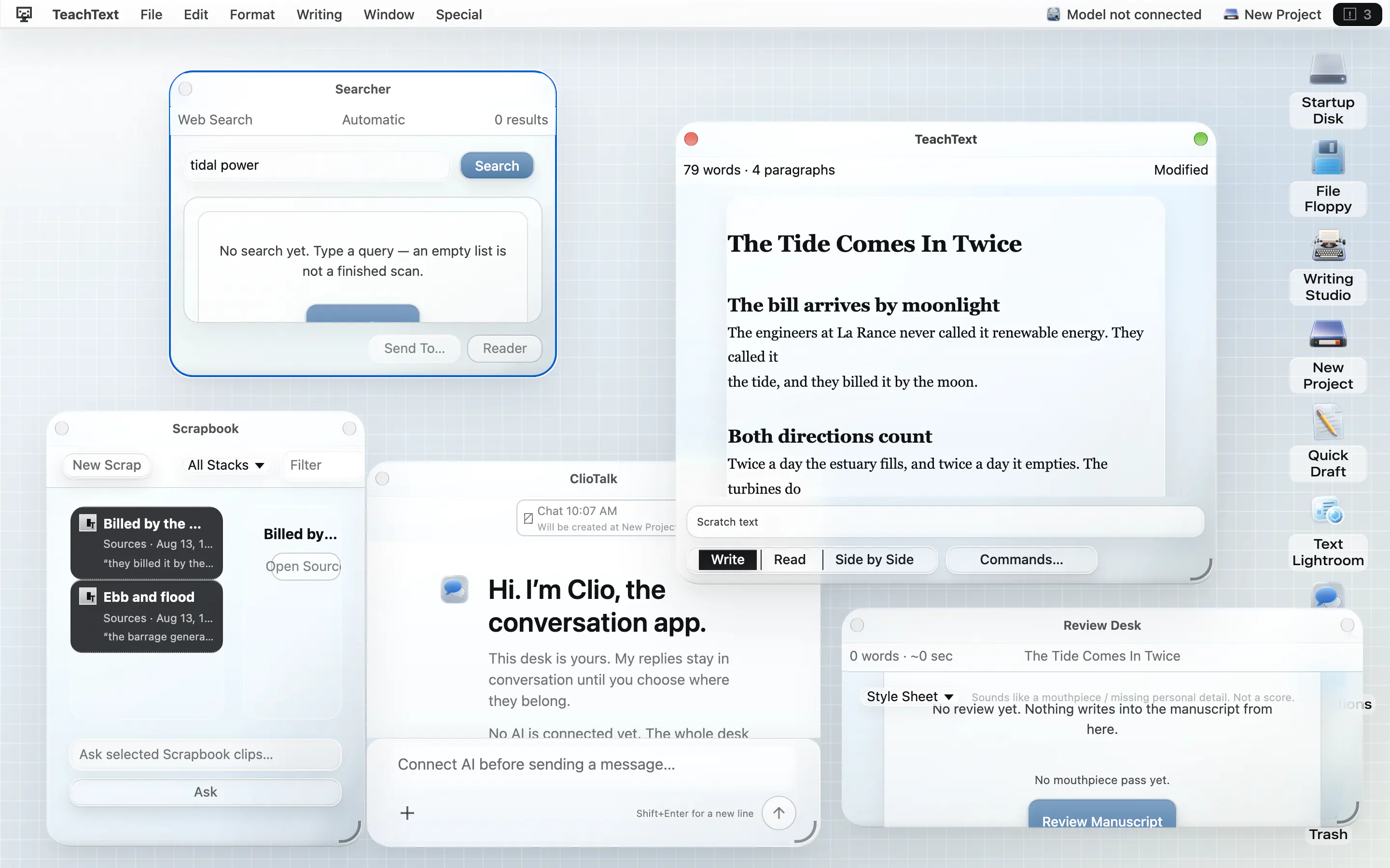 Today's AI System 6 desk: Searcher, Scrapbook, ClioTalk, TeachText, and Review Desk, photographed in the running app.