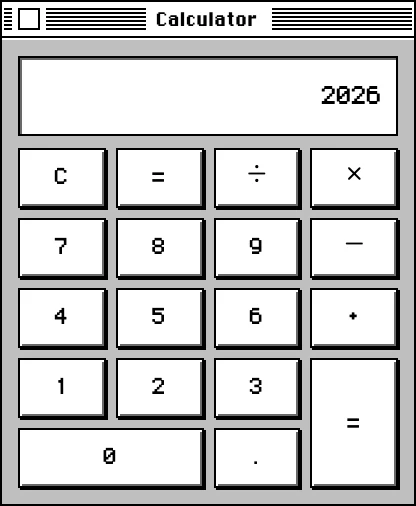 The Calculator desk accessory: a beveled 1988 keypad showing 1988 plus 38.