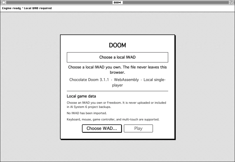 The DOOM window asking for a local IWAD: choose a file you own, it never leaves this browser.