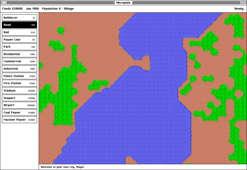 Micropolis running in an AI System 6 window: the classic tool palette beside a freshly generated river map, with the status line Welcome to your new city, Mayor.