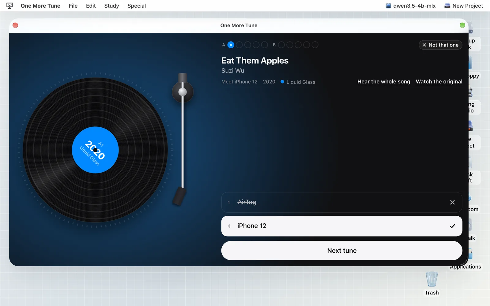 One More Tune in Liquid Glass: a record, ten track positions, the revealed answer and the next tune.
