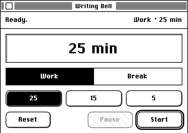 The Writing Bell desk accessory: a Pomodoro timer at 25 minutes in Work mode.